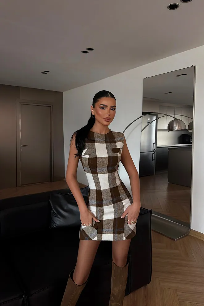 EYYO ATELIER Brown Sleeveless Retro Checkered Bodycon Mini Dress Wholesale Clothing Work