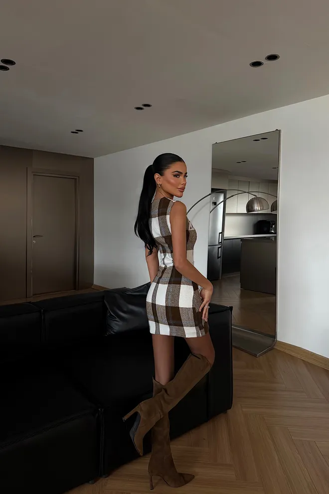 EYYO ATELIER Brown Sleeveless Retro Checkered Bodycon Mini Dress Wholesale Clothing Spring