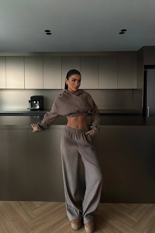 EYYO ATELIER Brown Casual Sport Set With Hooded Neck Wholesale Clothing Casual