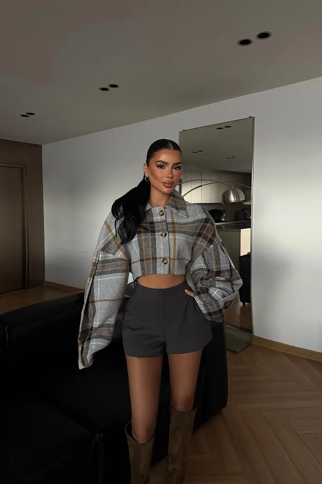 EYYO ATELIER Grey Plaid Oversized Crop Shacket Jacket Wholesale Clothing Lounge