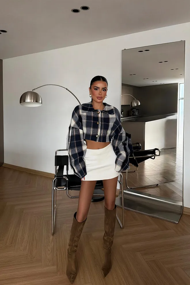 EYYO ATELIER Navy Blue Overshirt Jacket With Plaid Pattern Wholesale Clothing 1