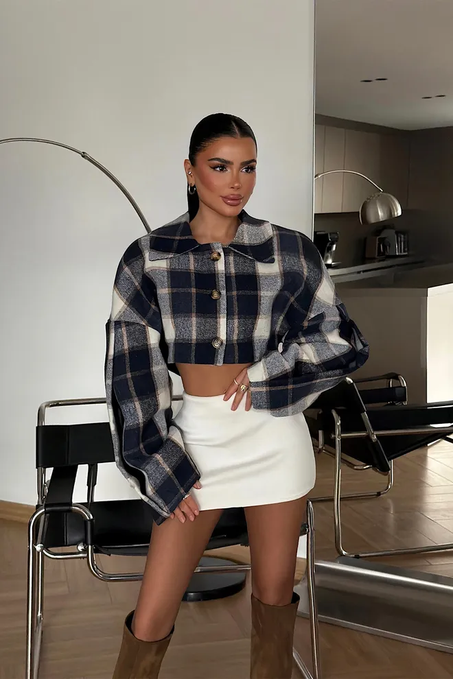 EYYO ATELIER Navy Blue Overshirt Jacket With Plaid Pattern Wholesale Clothing Lounge