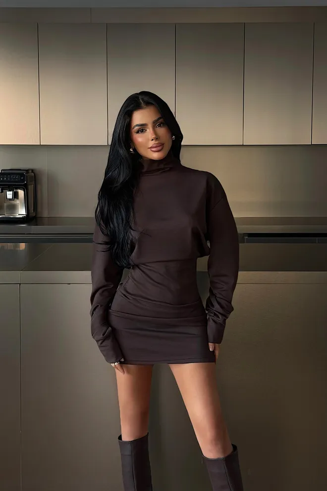 EYYO ATELIER Brown Bodycon Mini Dress With High Neck And Long Sleeves Wholesale Clothing Sexy