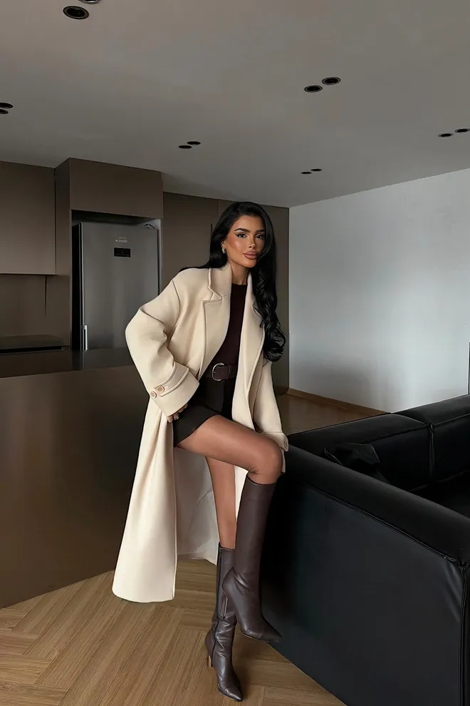 EYYO ATELIER Beige Elegant Wrapover Coat With Tie Closure Wholesale Clothing Work