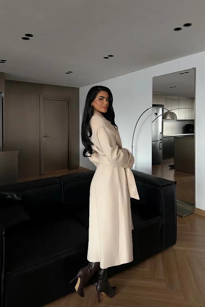 EYYO ATELIER Beige Elegant Wrapover Coat With Tie Closure Wholesale Clothing Fall