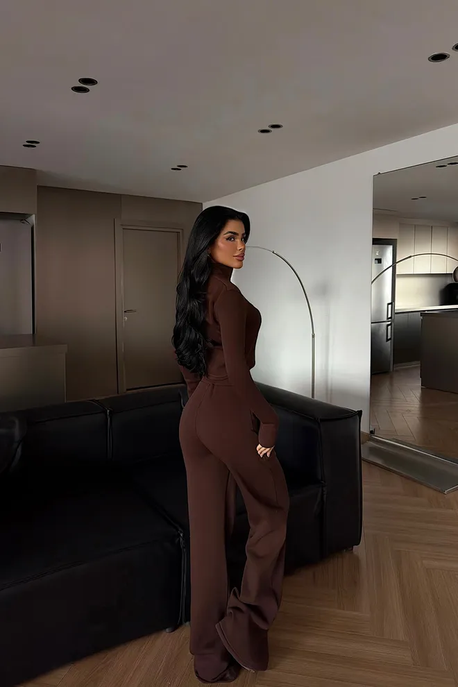 EYYO ATELIER Hnedá Elegantná Tepláková Súprava Na Zips So Širokými Nohavicami Palazzo Veľkoobchod s oblečením Jar