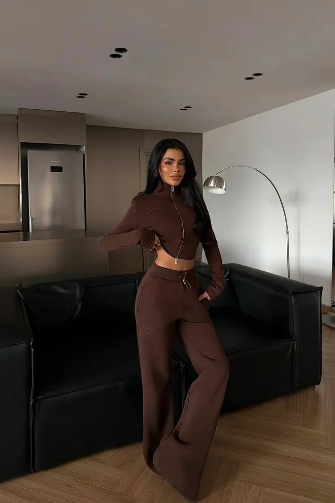 EYYO ATELIER Hnedá Elegantná Tepláková Súprava Na Zips So Širokými Nohavicami Palazzo Veľkoobchod s oblečením 1