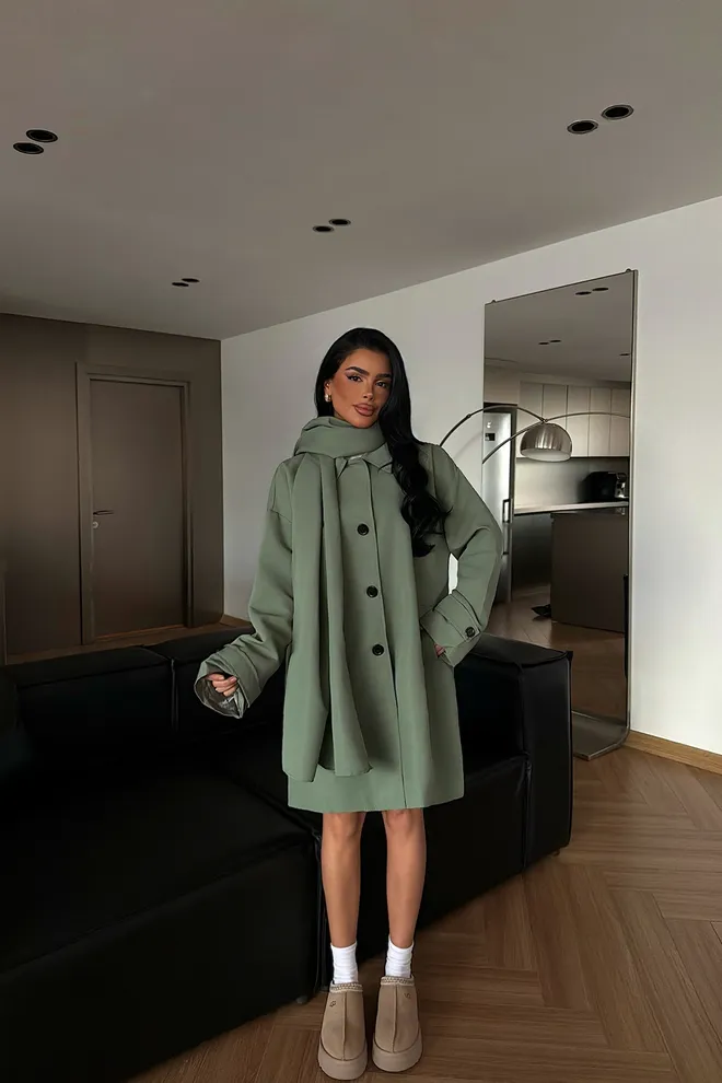 EYYO ATELIER Gabardina Verde Abrigo Elegante Casual Con Botones Ropa al por mayor Modesto