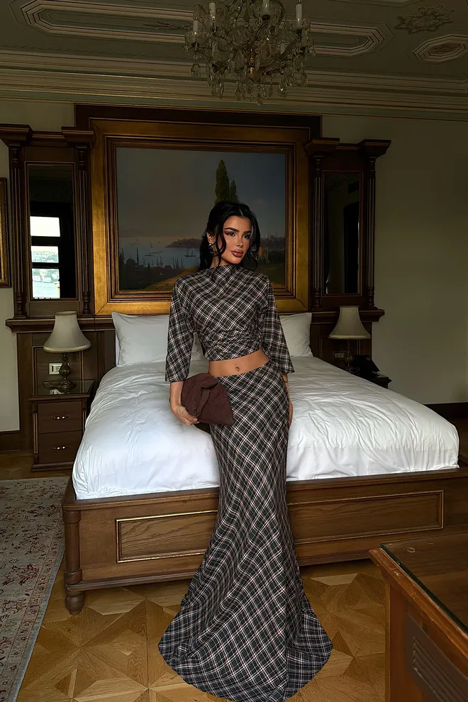 EYYO ATELIER Set Marrone Elegante Formale Con Gonna Sirena Maxi Abbigliamento all'ingrosso Formale