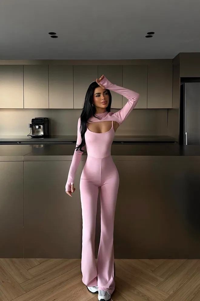 EYYO ATELIER Pink Fitted Unitard Jumpsuit With Extra Long Sleeves Wholesale Clothing Birthday