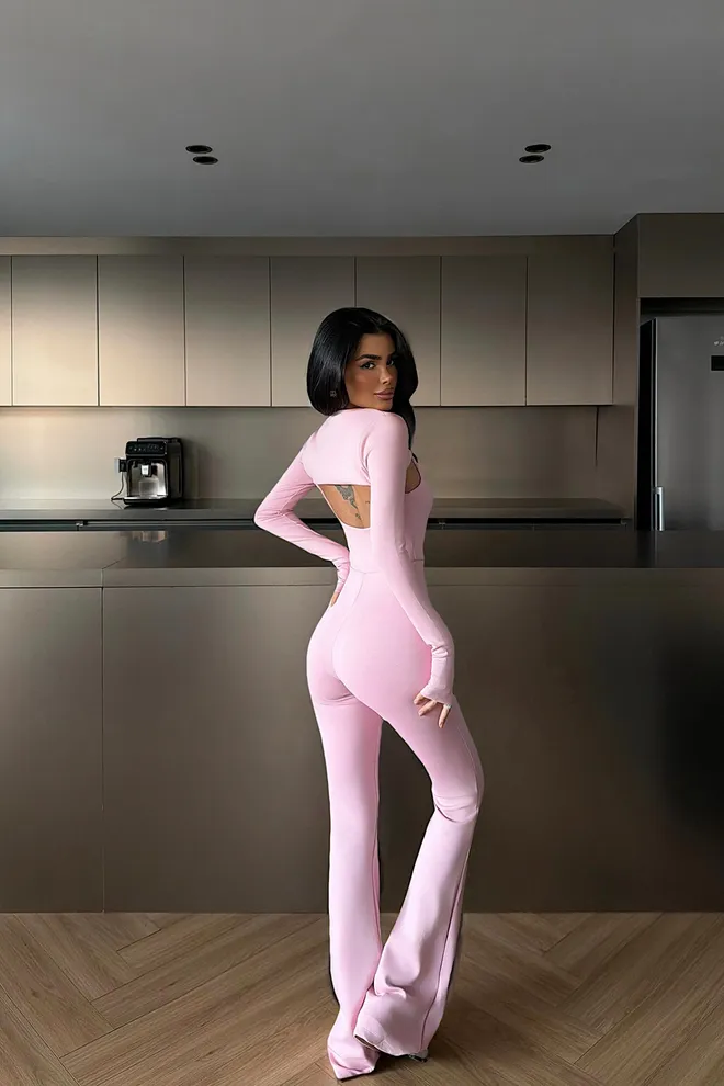 EYYO ATELIER Pink Fitted Unitard Jumpsuit With Extra Long Sleeves Wholesale Clothing Spring