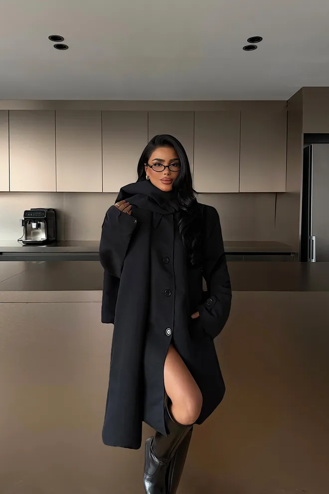 EYYO ATELIER Black Trenchcoat Elegant Formal Casual Vintage Retro Wholesale Clothing Lounge