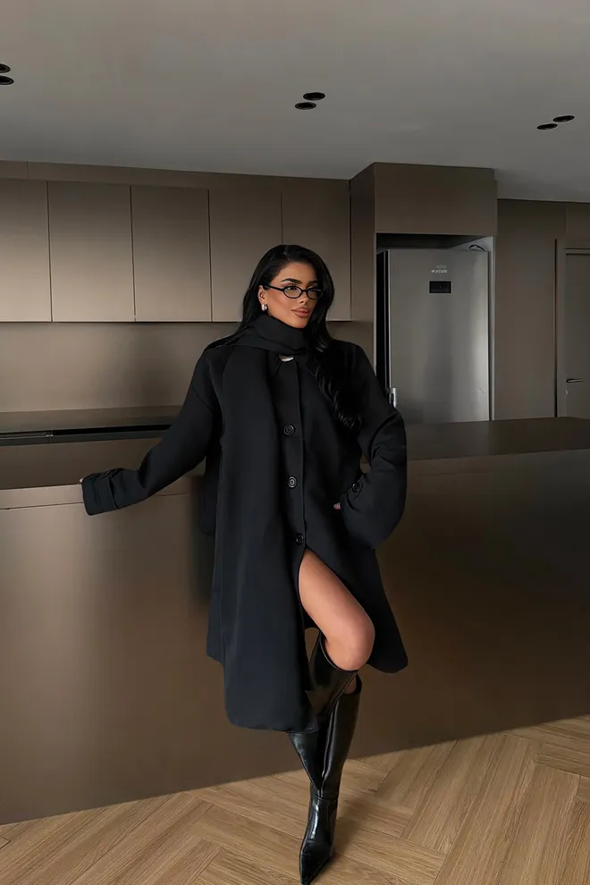 EYYO ATELIER Schwarz Trenchcoat Elegant Formal Lässig Sexy Jahrgang Retro Großhandelskleidung Lässig