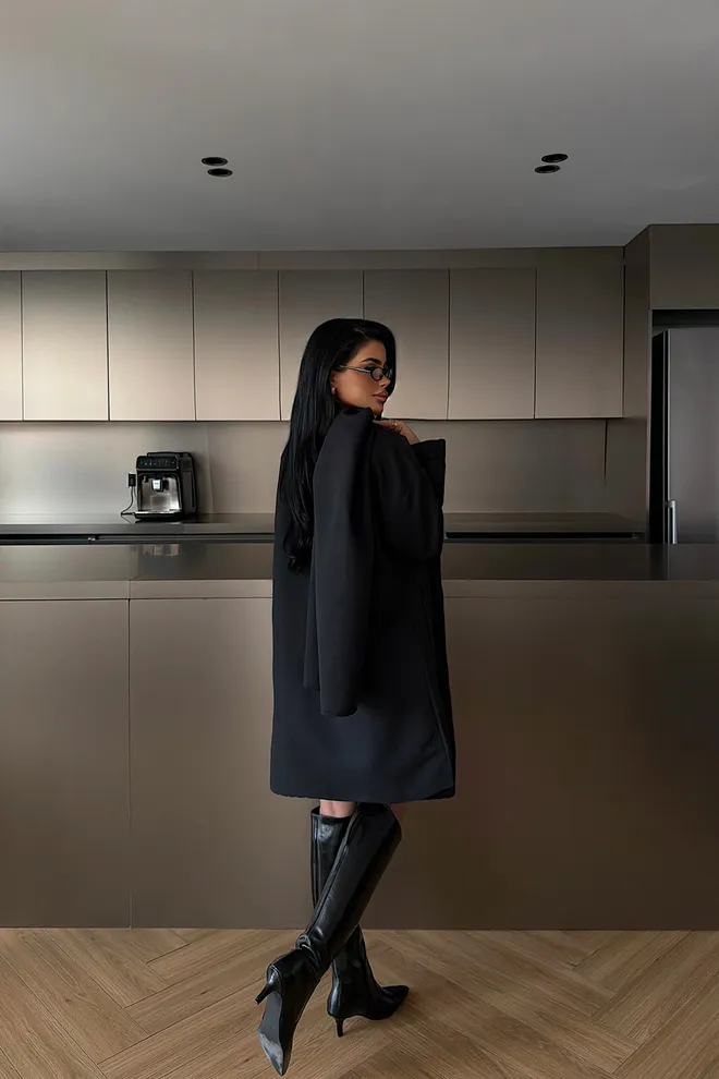 EYYO ATELIER Black Trenchcoat Elegant Formal Casual Vintage Retro Wholesale Clothing Fall