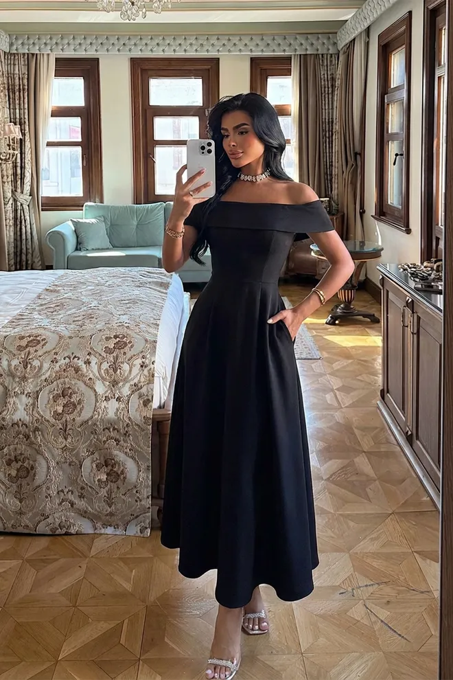 EYYO ATELIER Elegant Black A Line Dress Off Shoulder Neck Wholesale Clothing Sexy