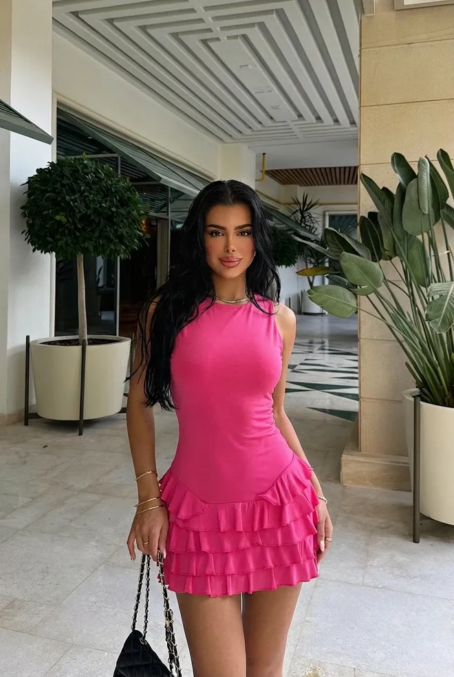 EYYO ATELIER Fuşya Fit & Düz Elbise İle Japone Kol Toptan Giyim Nostaljik