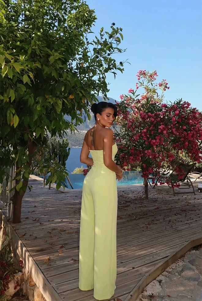 EYYO ATELIER Sarı Zarif Straplez Dar Kalıp Takım Elbise Tulum Toptan Giyim 1