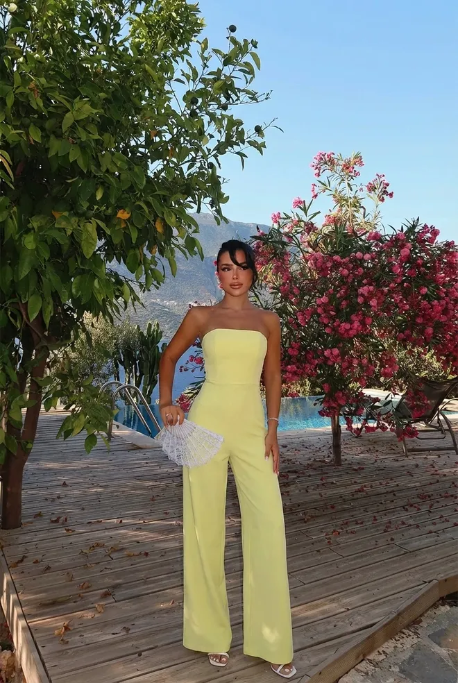 EYYO ATELIER Macacão Amarelo Elegante Slim Fit Sem Alças Sob Medida Roupas por atacado Casual