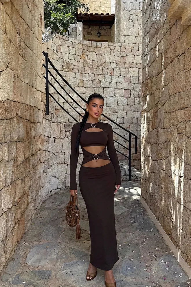 EYYO ATELIER Brown Ring Detail Long Dress Wholesale Clothing Elegant