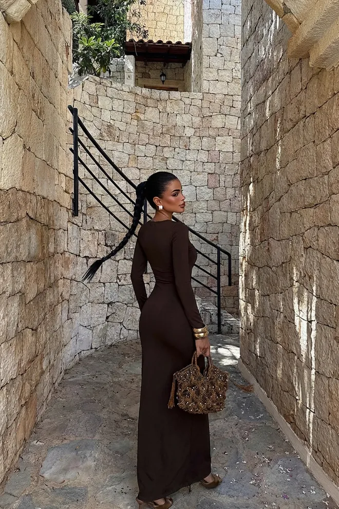 EYYO ATELIER Brown Ring Detail Long Dress Wholesale Clothing Polyester