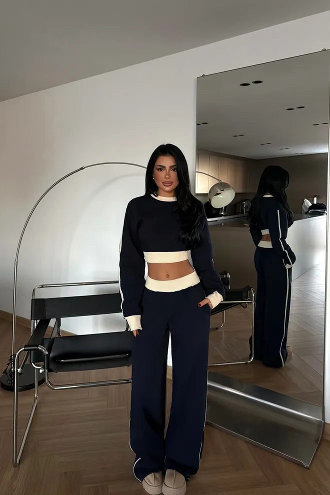 EYYO ATELIER Анцуг Комплект Морскосиньо С Широк Крачол И Джогър Панталони Дрехи на едро Небрежен