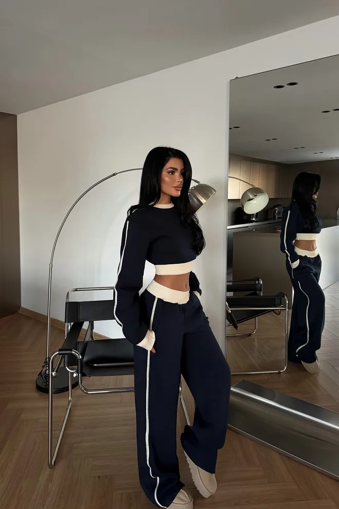 EYYO ATELIER Анцуг Комплект Морскосиньо С Широк Крачол И Джогър Панталони Дрехи на едро Свободно време