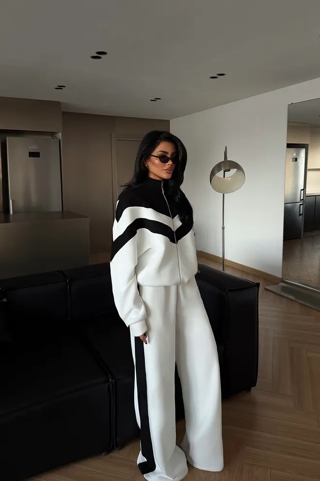 EYYO ATELIER Черный Комплект Спортивного Костюма Негабаритный Крой Цветной Блок Палаццо Оптовая продажа одежды Повседневный