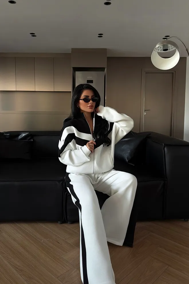 EYYO ATELIER Black Tracksuit Oversized Fit Color Block Palazzo Wholesale Clothing Lounge