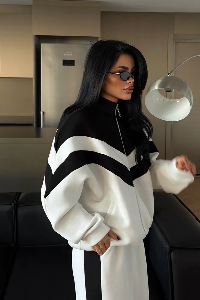 EYYO ATELIER Black Tracksuit Oversized Fit Color Block Palazzo Wholesale Clothing 1