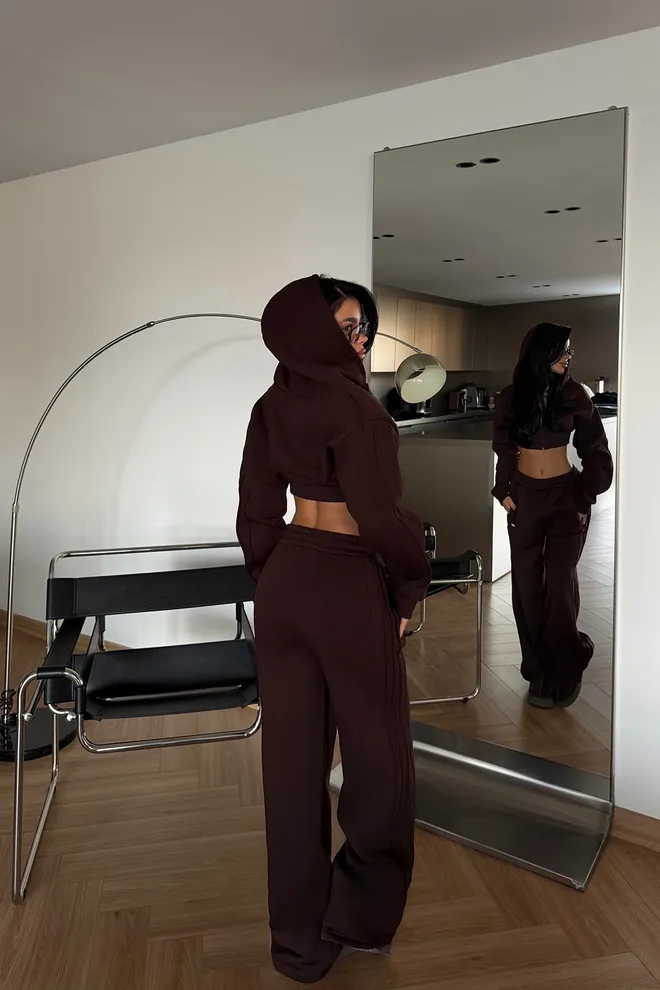 EYYO ATELIER Brown Tracksuit With Oversized Fit And Hooded Neck Wholesale Clothing Spring