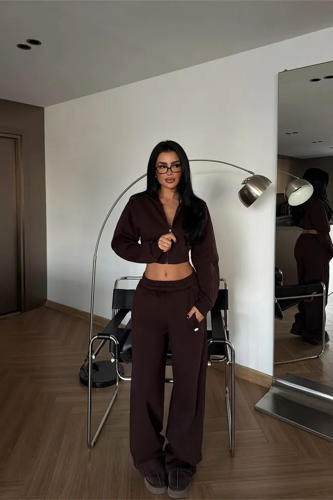 EYYO ATELIER Brown Tracksuit With Oversized Fit And Hooded Neck Wholesale Clothing 1