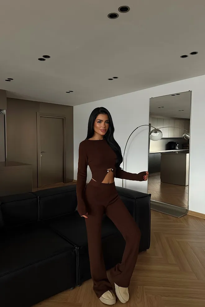 EYYO ATELIER Brown Elegant Casual Streetwear Set Wholesale Clothing Casual