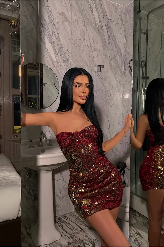 EYYO ATELIER Φόρεμα Μπορντό Στράπλες Με Παγέτες Bodycon Μίνι Χονδρικό εμπόριο ενδυμάτων Σέξι