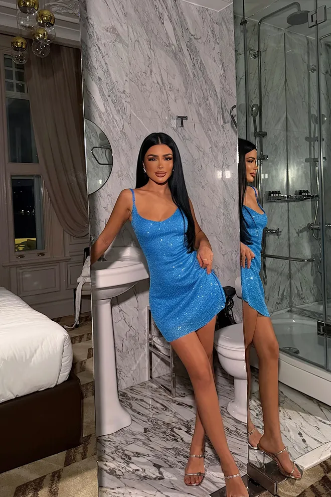 EYYO ATELIER Mavi Seksi Işıltılı Zarif Resmi Slip Elbise Toptan Giyim 1