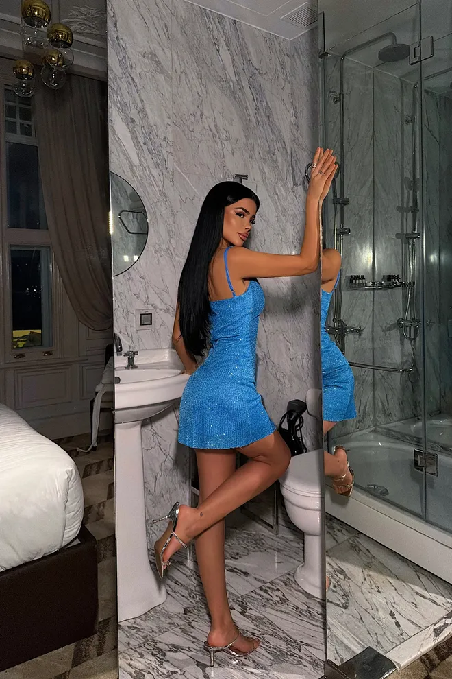 EYYO ATELIER Mavi Seksi Işıltılı Zarif Resmi Slip Elbise Toptan Giyim Bahar