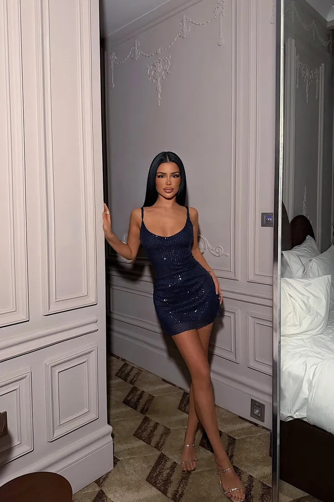 EYYO ATELIER Robe Moulante Mini Bleu Marine À Paillettes Vêtements en gros Anniversaire