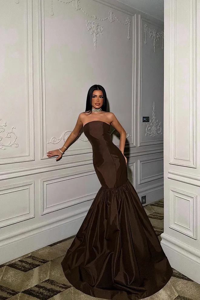 EYYO ATELIER Brown Fit And Flare Strapless Dress Wholesale Clothing 1