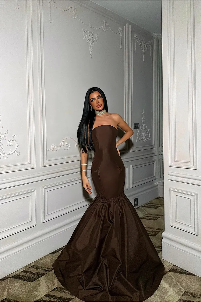 EYYO ATELIER Brown Fit And Flare Strapless Dress Wholesale Clothing Sexy