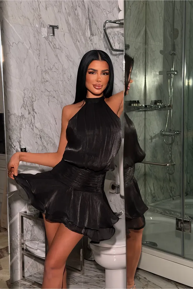 EYYO ATELIER Elegant Black Skater Dress With High Neck Wholesale Clothing 1