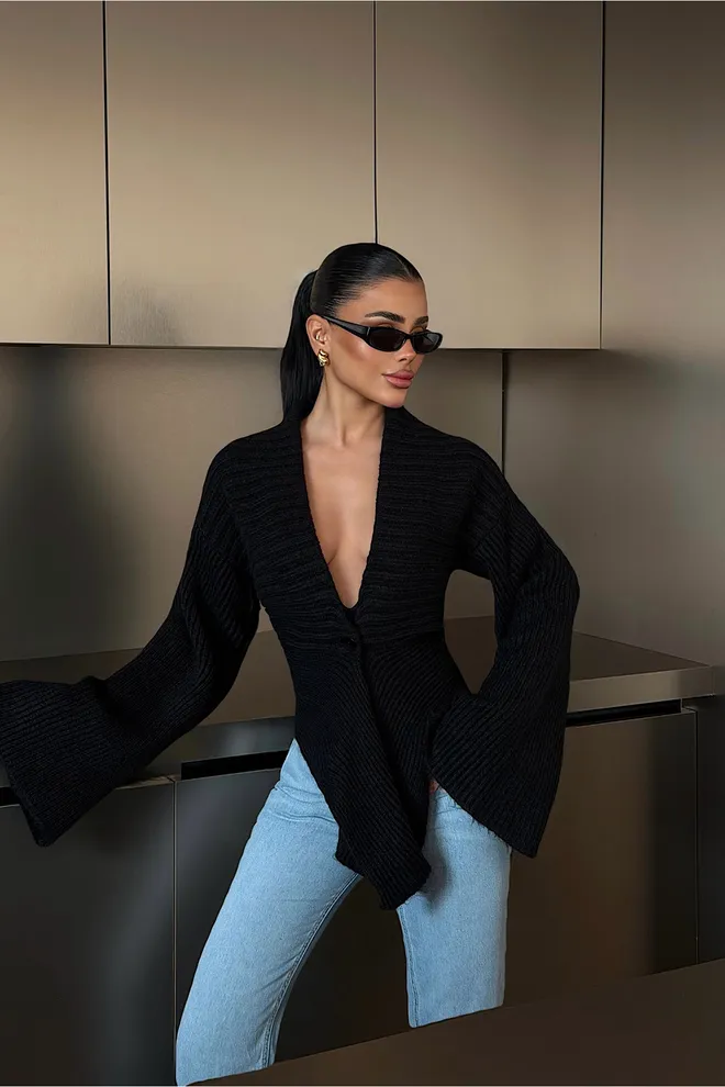 EYYO ATELIER Црн Секси Неформалан Елегантан Кардиган Велепродаја одеће Неформалан