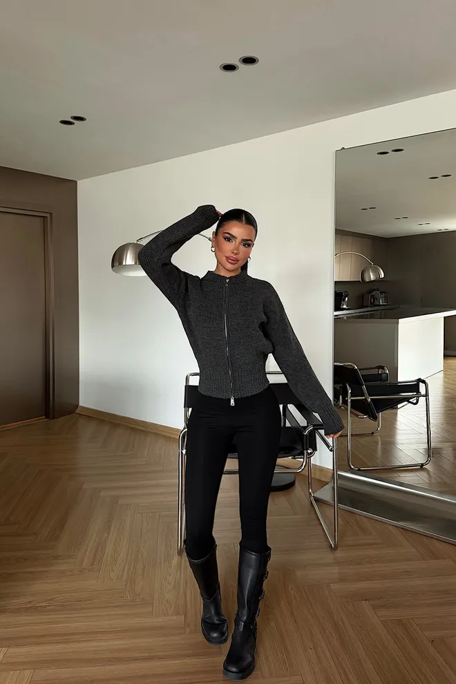 EYYO ATELIER Grey Slim Fit Zip Up Cardigan Wholesale Clothing 1