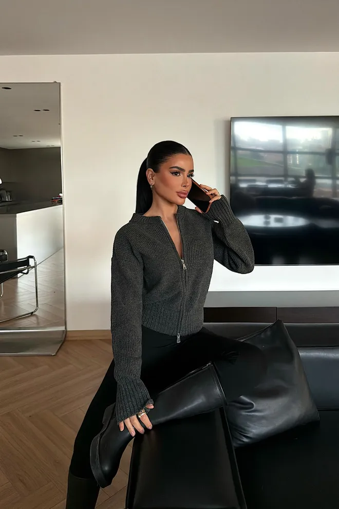 EYYO ATELIER Сив Кардиган Слим Фит Са Патентом Велепродаја одеће Неформалан