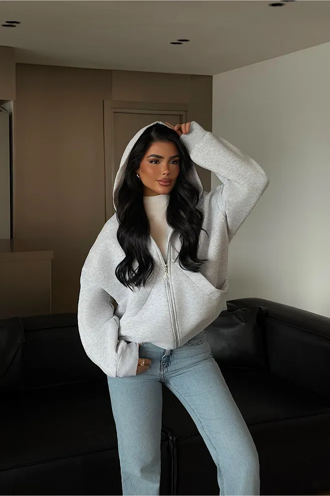 EYYO ATELIER Сив Неформалан Кардиган Са Патентом Џепом Кенгур И Оверсизед Кројем Велепродаја одеће Неформалан