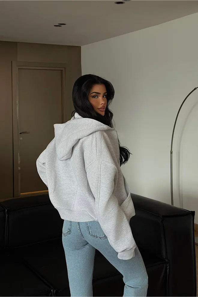 EYYO ATELIER Grey Casual Zip Up Oversized Cardigan With Kangaroo Pocket Wholesale Clothing Spring