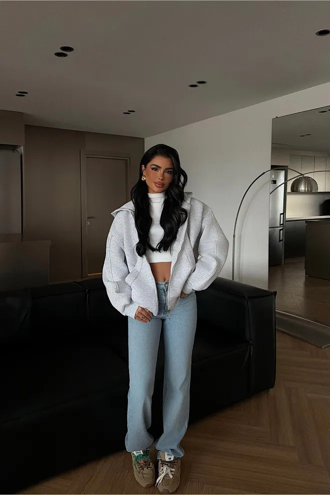 EYYO ATELIER Grey Casual Zip Up Oversized Cardigan With Kangaroo Pocket Wholesale Clothing 1