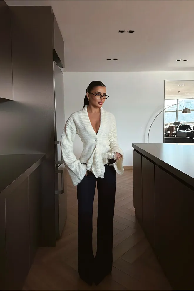 EYYO ATELIER White Cardigan With Buttoned V Neck And Bell Sleeves Wholesale Clothing 1