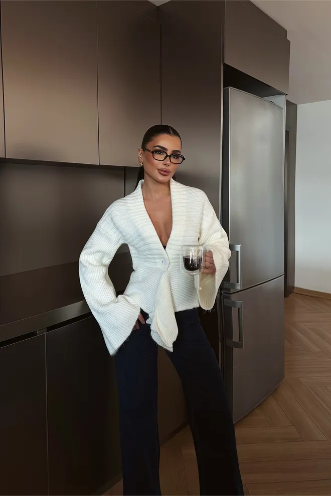 EYYO ATELIER White Cardigan With Buttoned V Neck And Bell Sleeves Wholesale Clothing Lounge