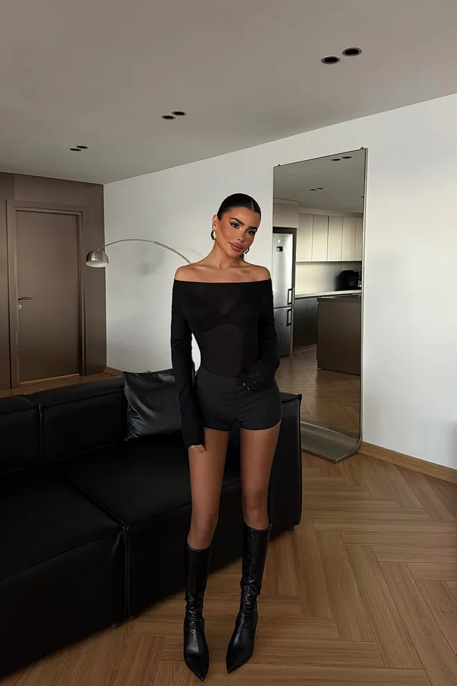 EYYO ATELIER Black Blouse With Off Shoulder Neck And Long Sleeves Wholesale Clothing 1