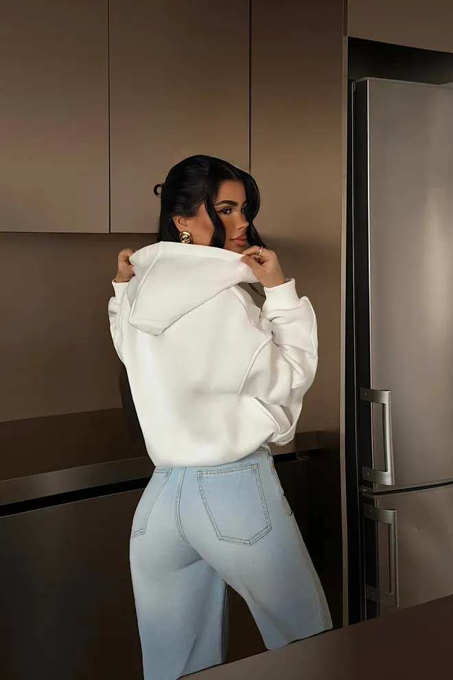 EYYO ATELIER White Cardigan Oversized Zip Up With Hooded Neck Wholesale Clothing Spring