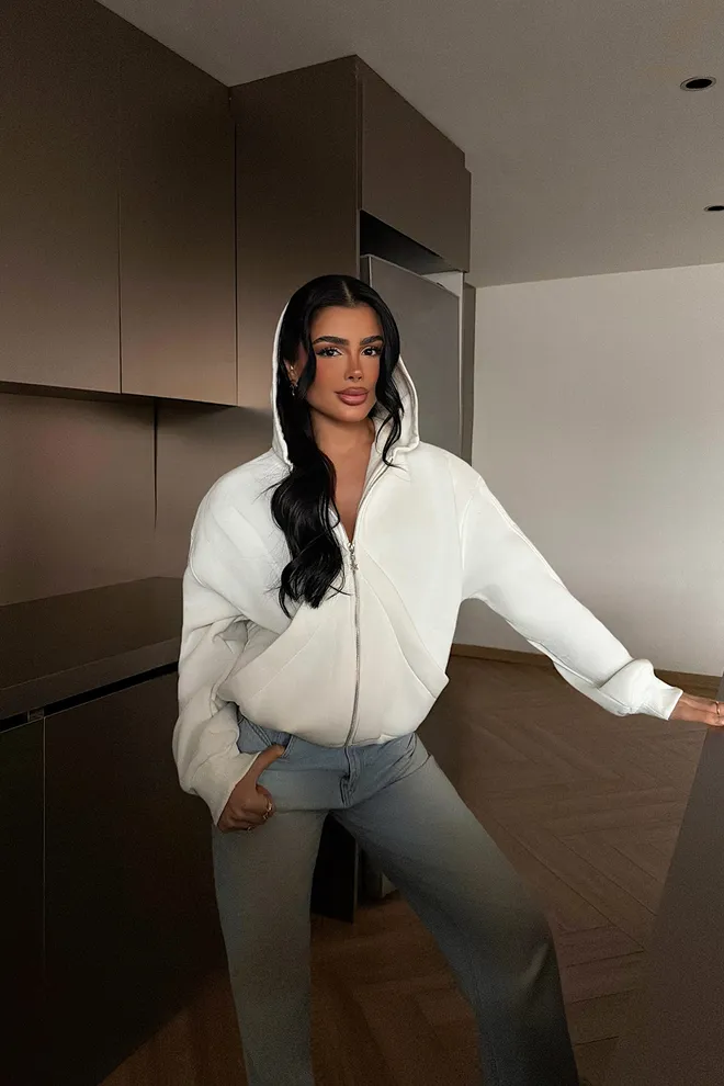 EYYO ATELIER White Cardigan Oversized Zip Up With Hooded Neck Wholesale Clothing Lounge